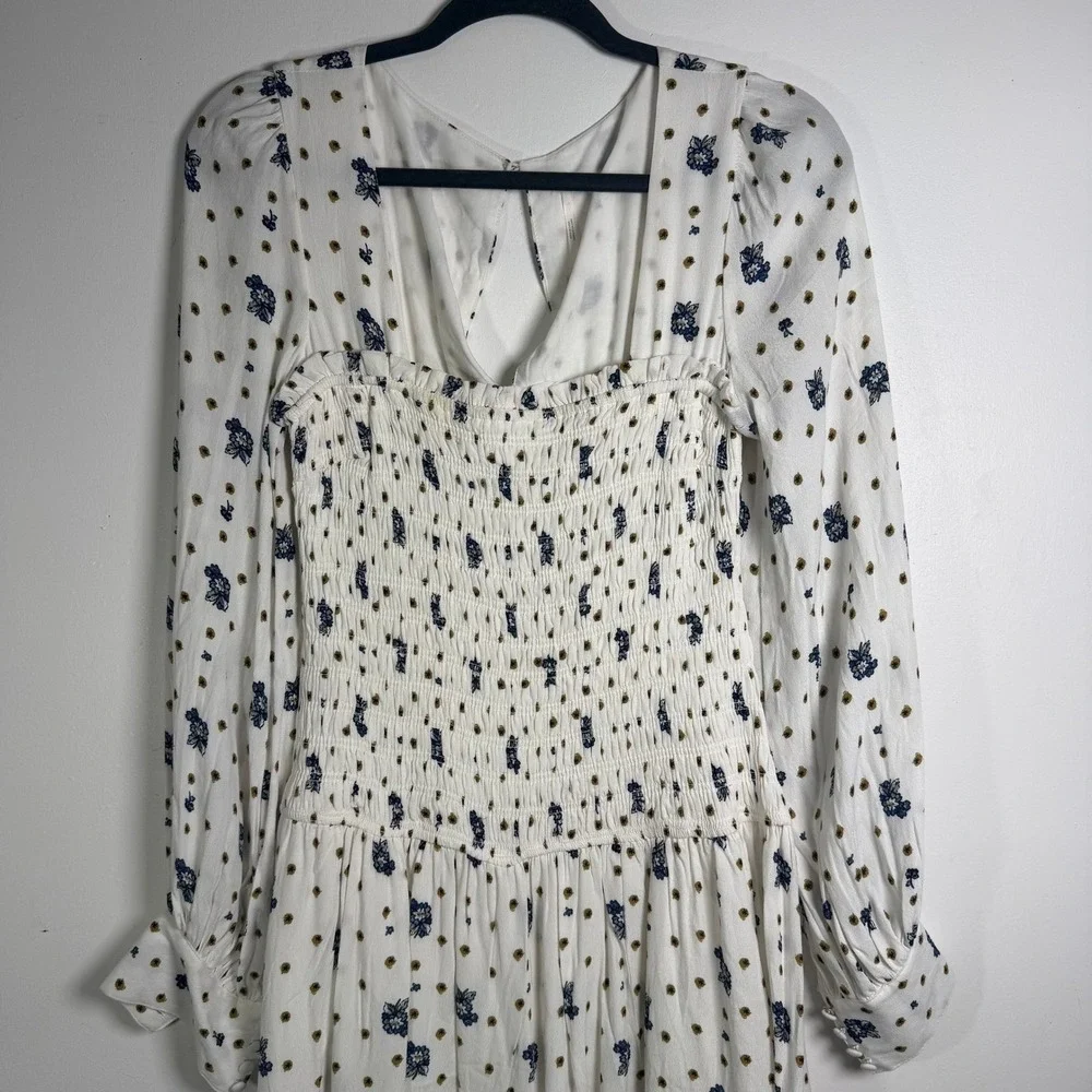 Free People‎ Two Faces Mini Dress XS White Floral Long Sleeve Boho Cottagecore